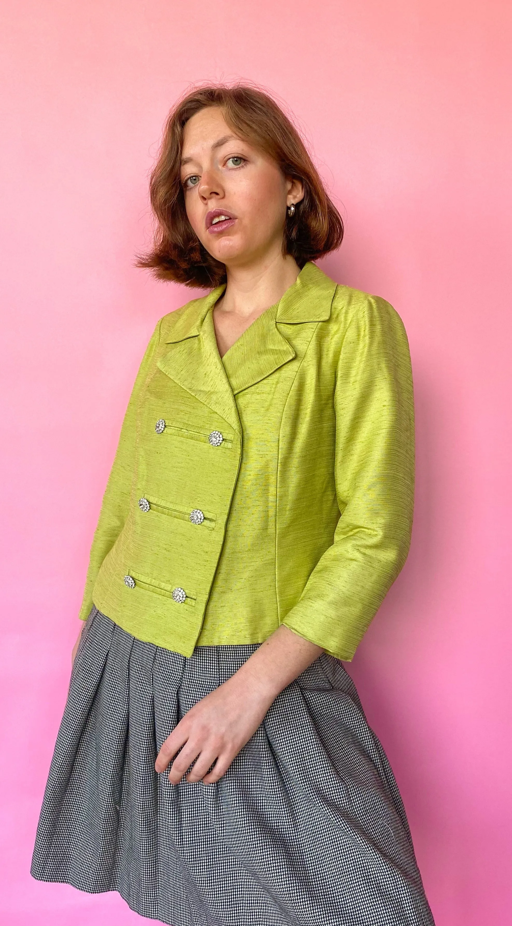 1960s Chartreuse Rhinestone Jacket, sz. M