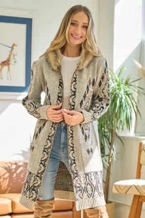 Aztec Pattern Long Sleeve Faux Fur Trim Hoodie Knit Cardigan Sweater