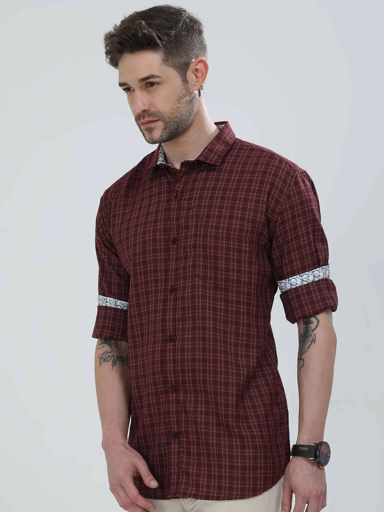 Brown Checkered Cotton Full Shirt