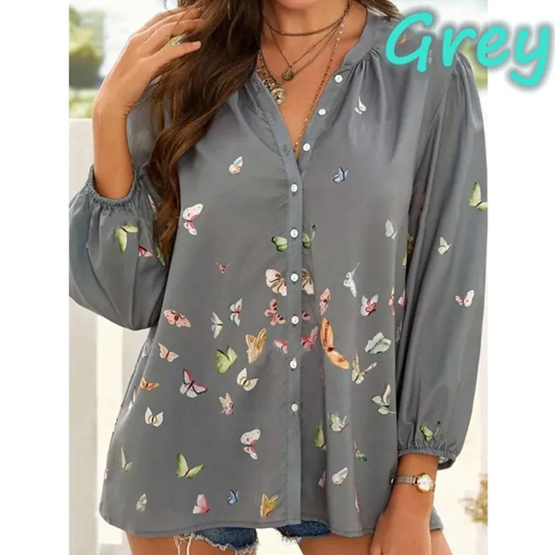 Butterfly Print Button Stand Collar Shirt