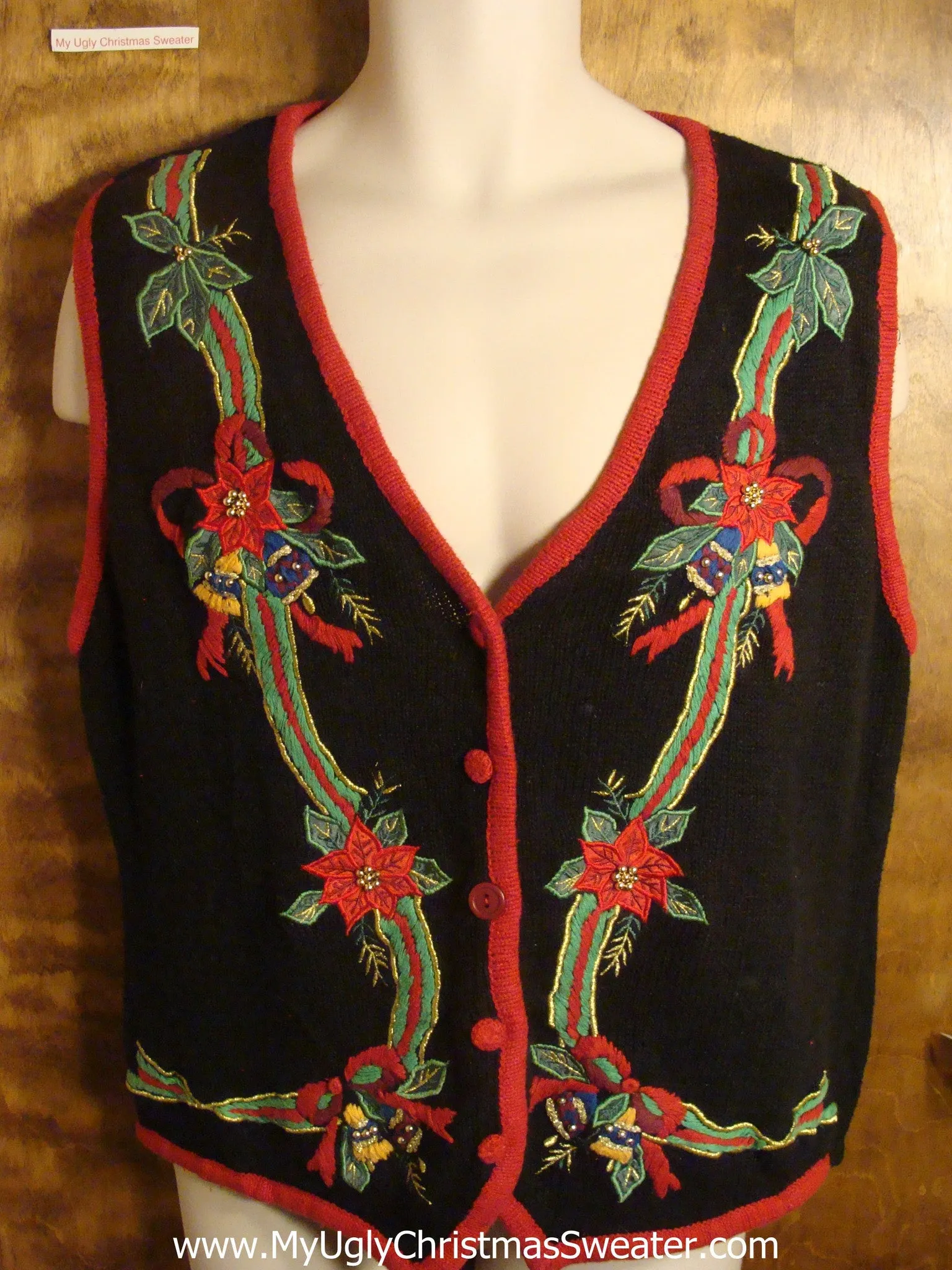 Christmas Bells and Poinsettias Tacky Christmas Sweater Vest