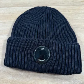 C.P. Company Extra Fine Merino Wool Lens Beanie in Navy