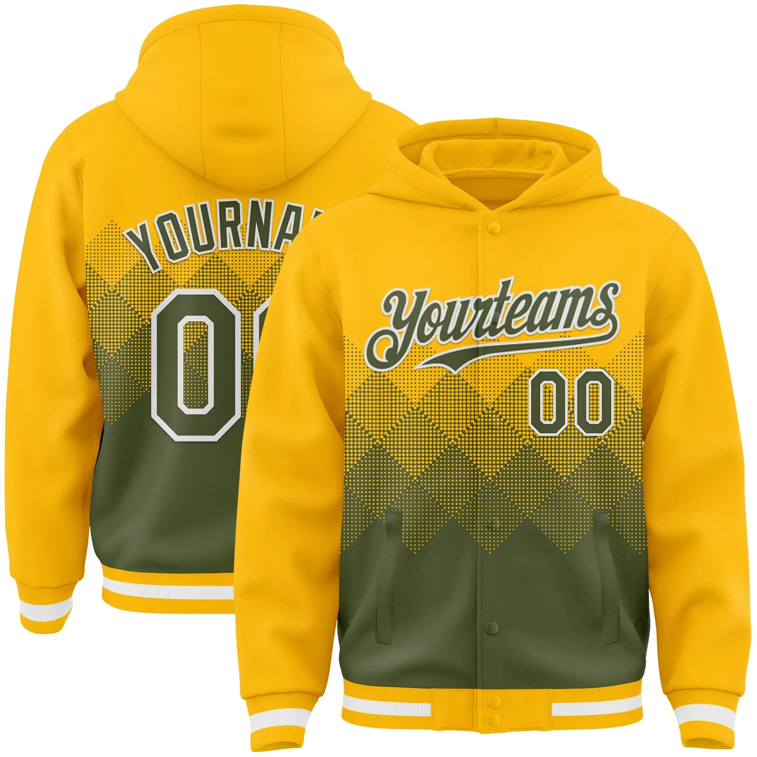 Custom Gold Olive-White Gradient Square Shape 3D Pattern Design Bomber Full-Snap Varsity Letterman Hoodie Jacket