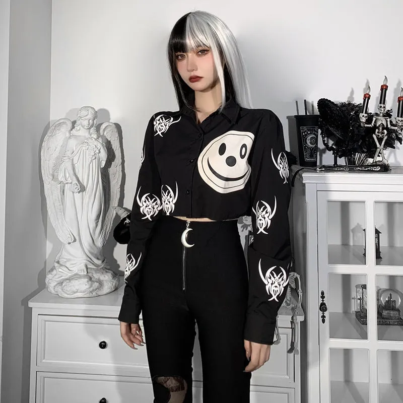 Dark gothic smiley face print with spiders crop top frayed edge button placket long sleeve cardigan sexy jacket