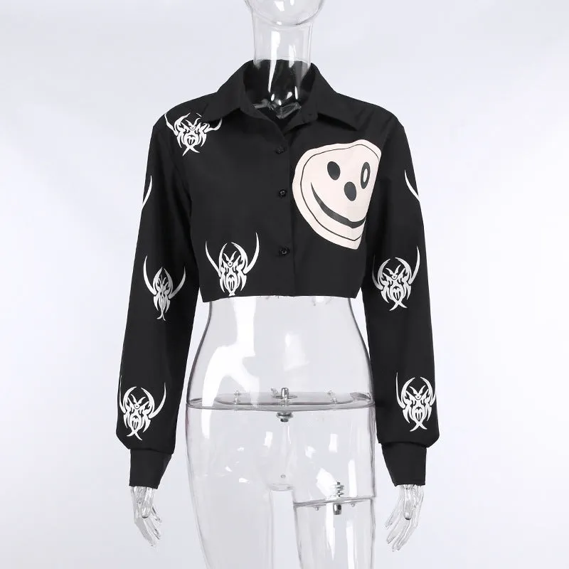 Dark gothic smiley face print with spiders crop top frayed edge button placket long sleeve cardigan sexy jacket