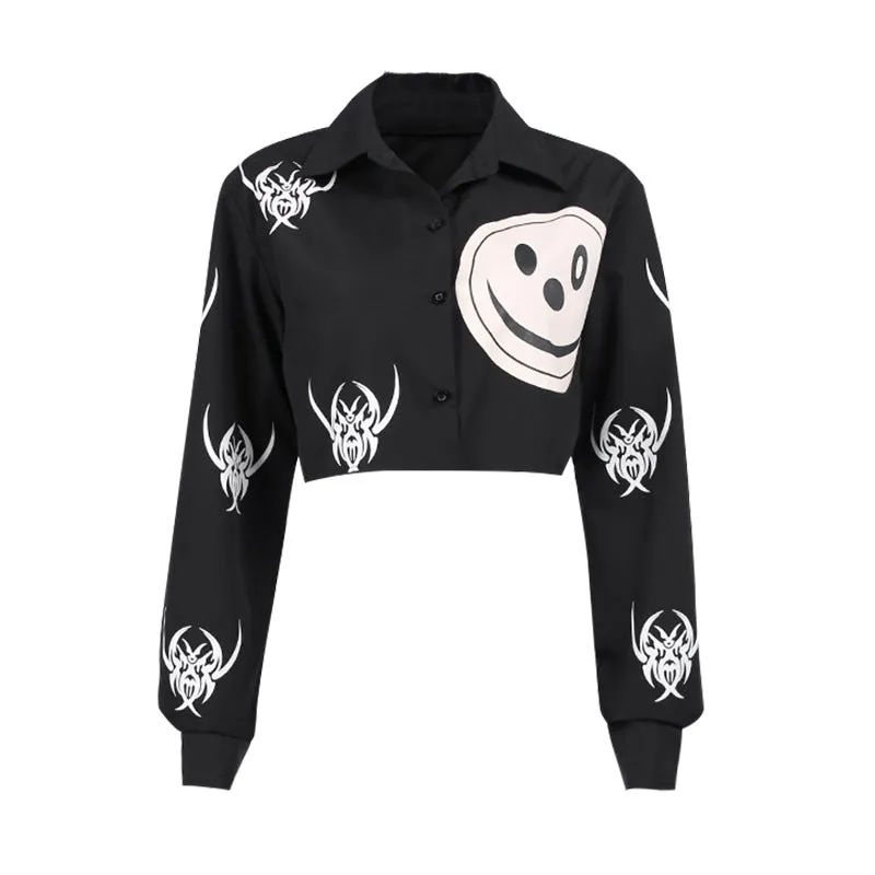 Dark gothic smiley face print with spiders crop top frayed edge button placket long sleeve cardigan sexy jacket