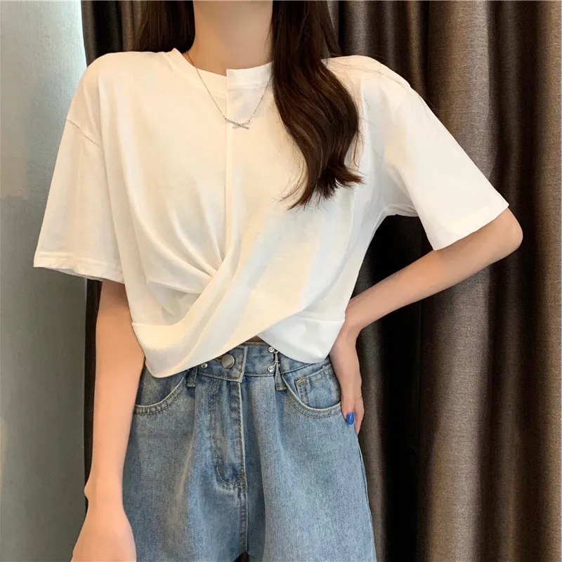 Designer splicing asymmetric twisted ruffled T-shirt high waist crop top tee instafashion for women