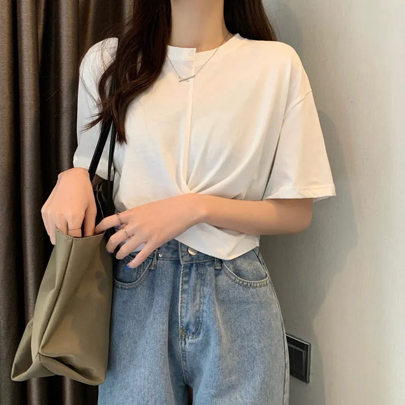 Designer splicing asymmetric twisted ruffled T-shirt high waist crop top tee instafashion for women