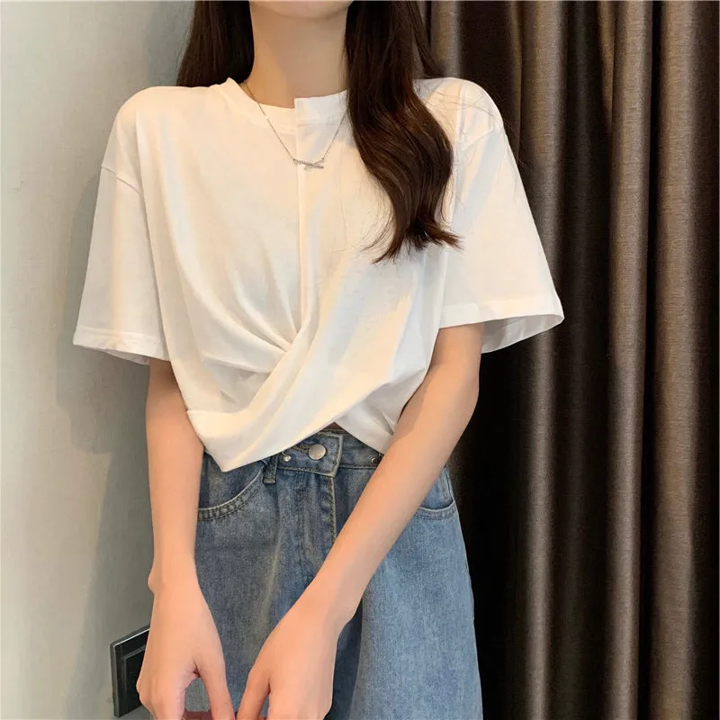 Designer splicing asymmetric twisted ruffled T-shirt high waist crop top tee instafashion for women