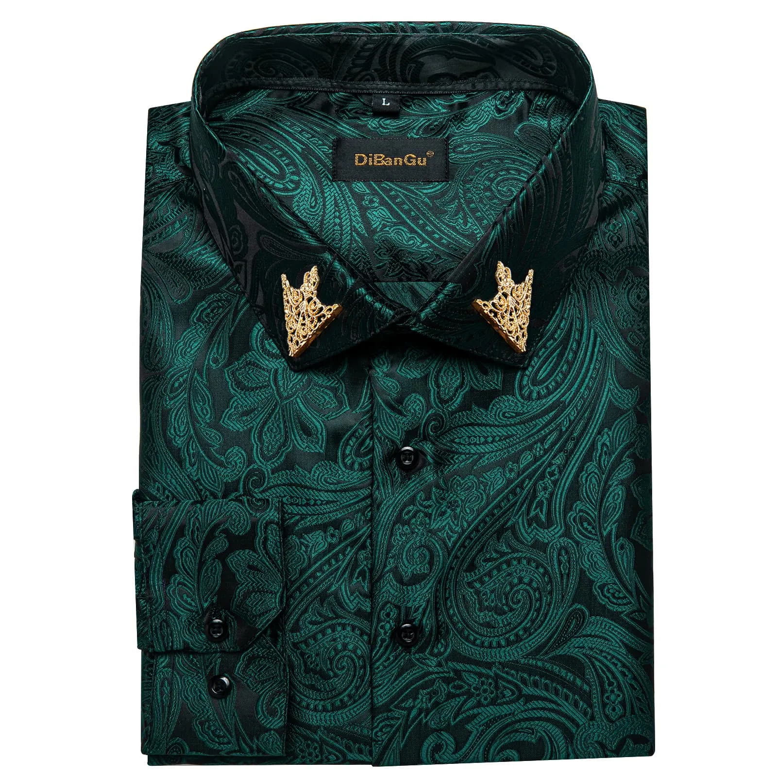 DiBanGu Dress Shirt Medium Jungle Green Paisley Long Sleeve Button Up Silk Shirt for Men