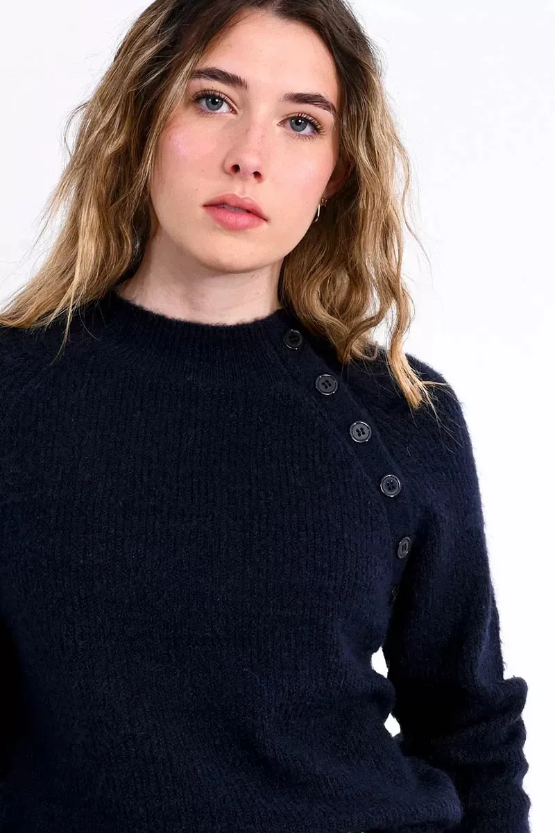 Fancy Buttons Crewneck Sweater in Navy Blue