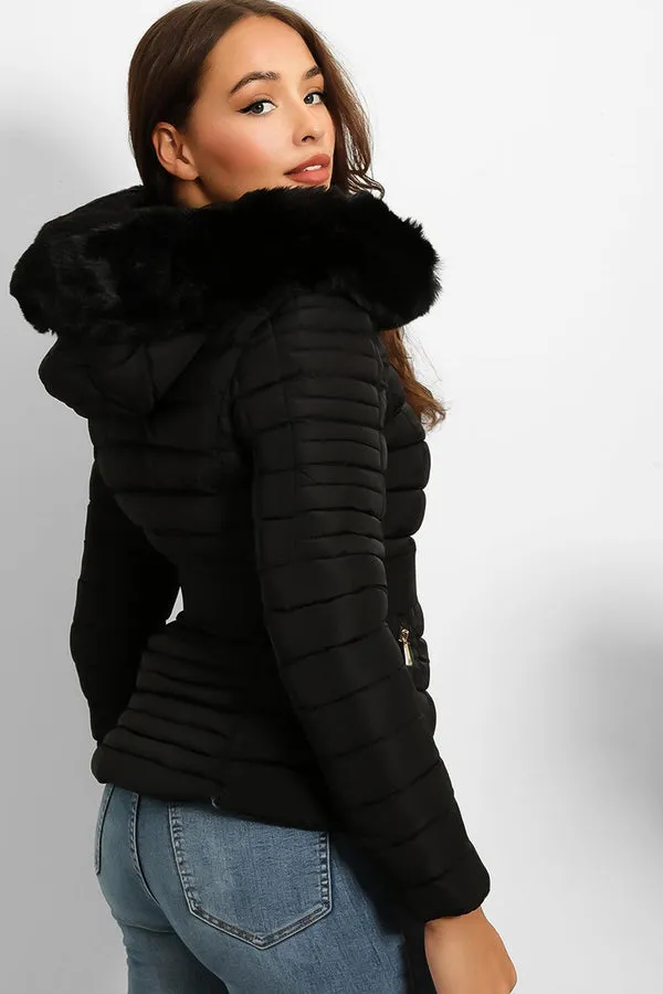 FAUX FUR HOODED BLACK PADDED JACKET WITH ELASTIC BUCKLE BELT