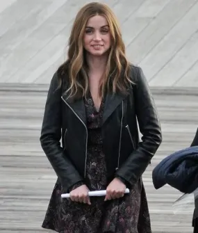 Ghosted 2023 Ana De Armas Black Biker Leather Jacket