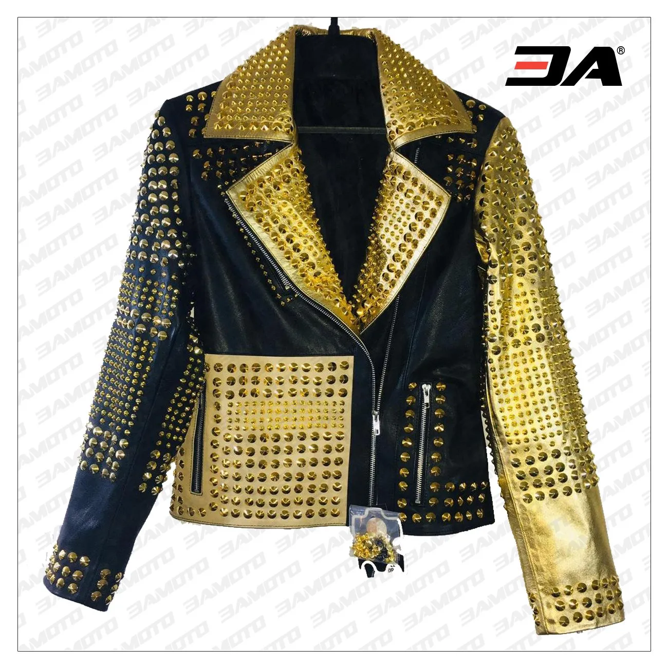 Handmade Women Black & Golden Leather Studded Punk Style Jacket