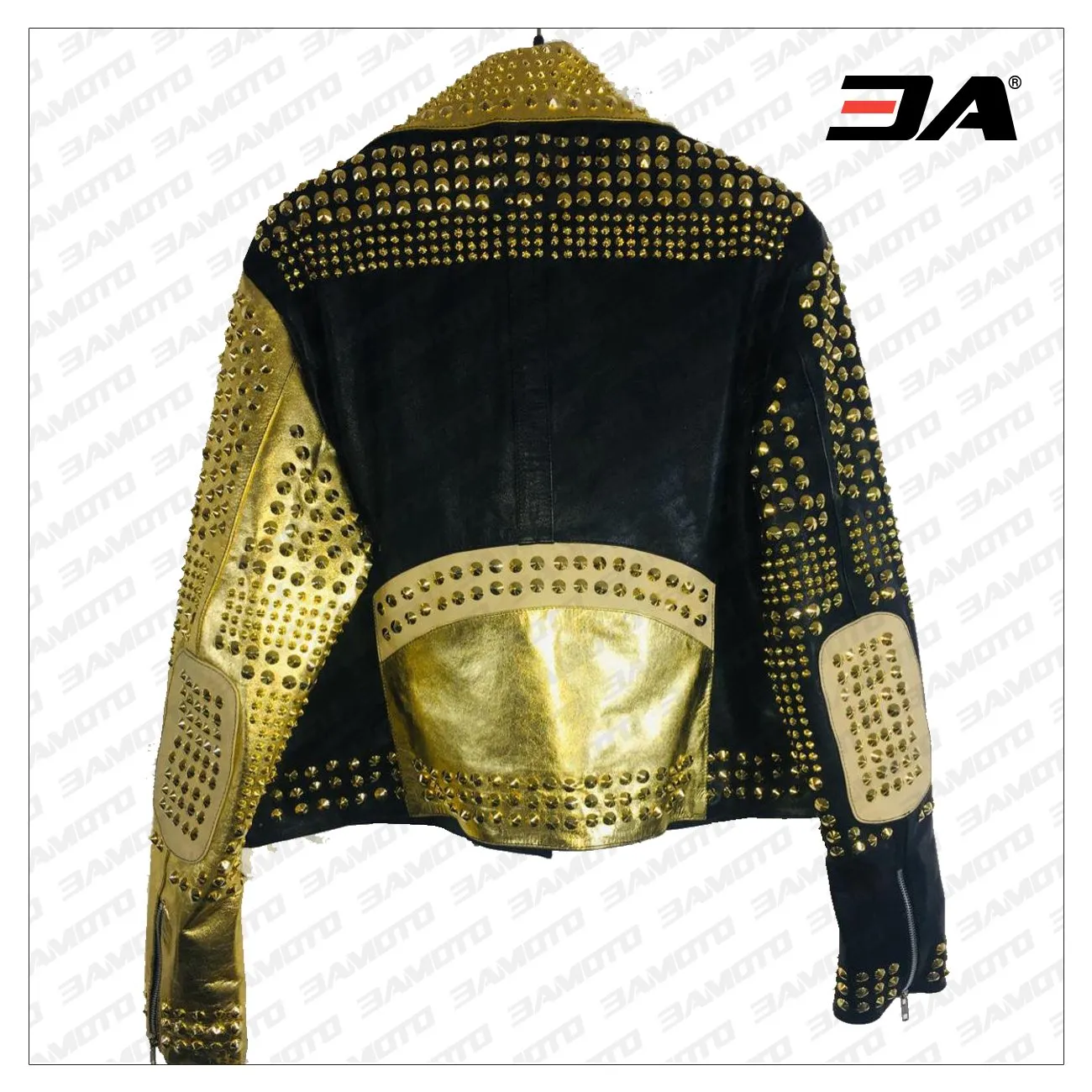 Handmade Women Black & Golden Leather Studded Punk Style Jacket