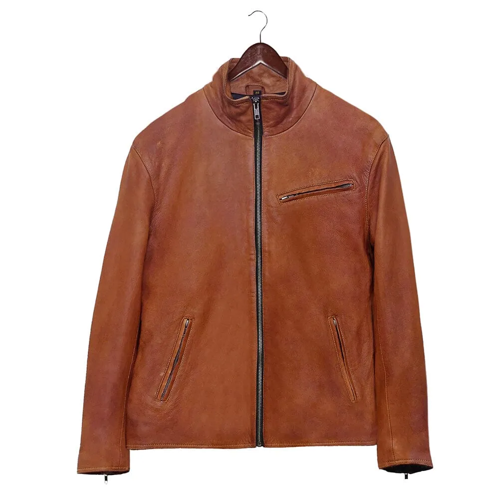 High Collar Slim Fit Mens Camel Leather Jacket