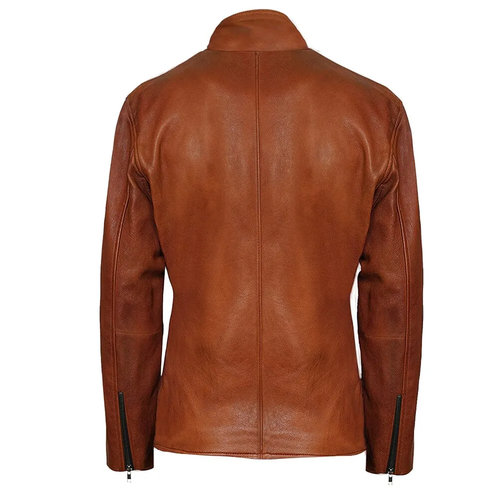 High Collar Slim Fit Mens Camel Leather Jacket