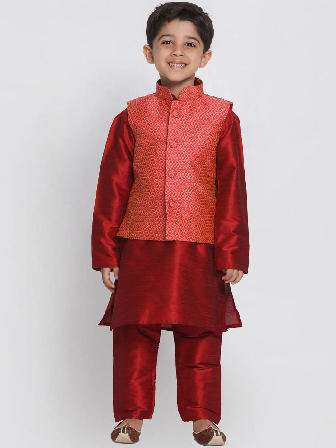 Jashvi Boys Pink & Orange Woven Design Nehru Jacket