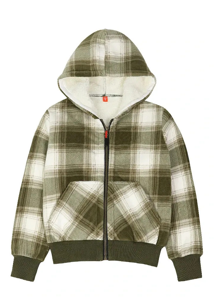 Kids Boys and Girls Sherpa Lined Full Zip Hooded Plaid Sweatshirt Jac