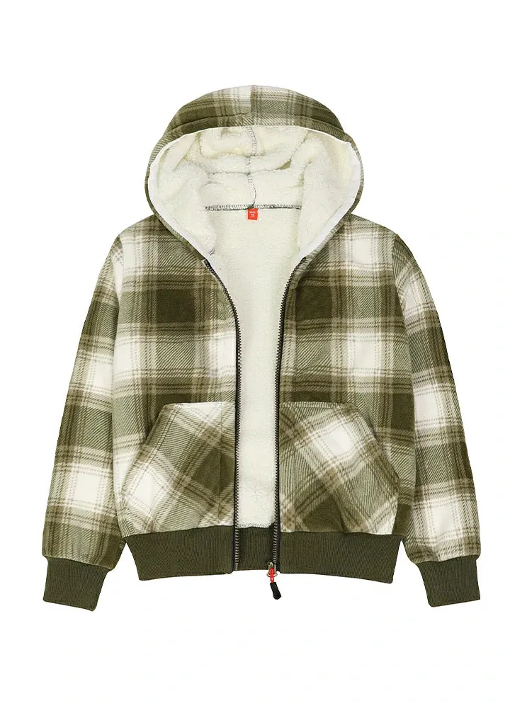 Kids Boys and Girls Sherpa Lined Full Zip Hooded Plaid Sweatshirt Jac