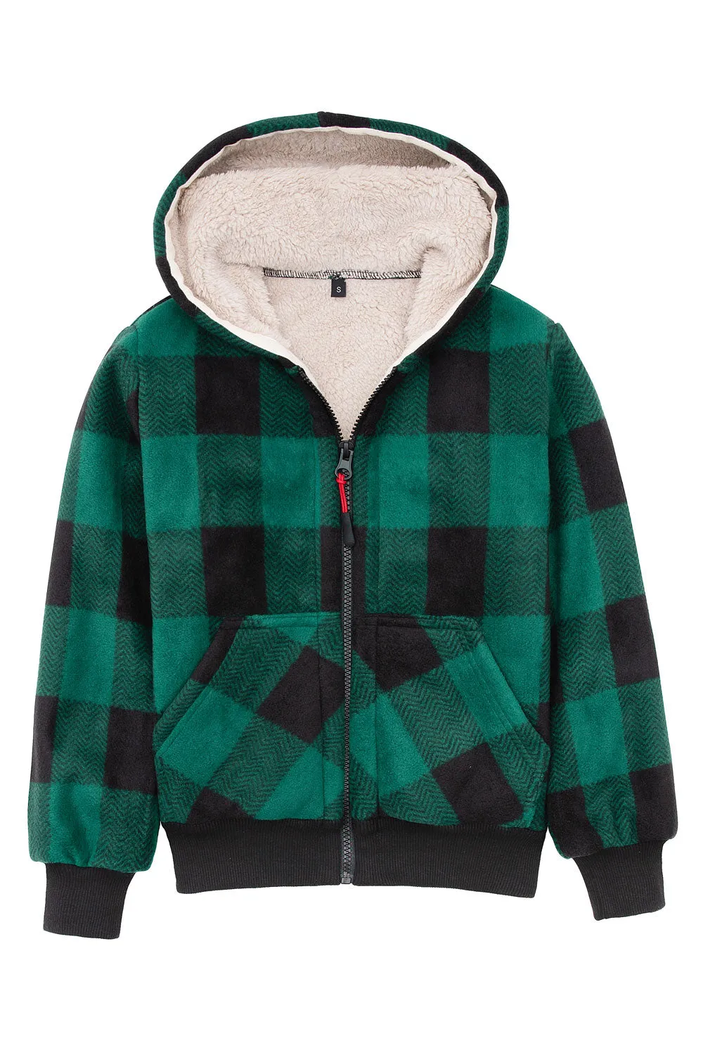 Kids Boys and Girls Sherpa Lined Full Zip Hooded Plaid Sweatshirt Jac