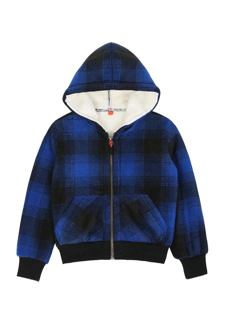 Kids Boys and Girls Sherpa Lined Full Zip Hooded Plaid Sweatshirt Jac