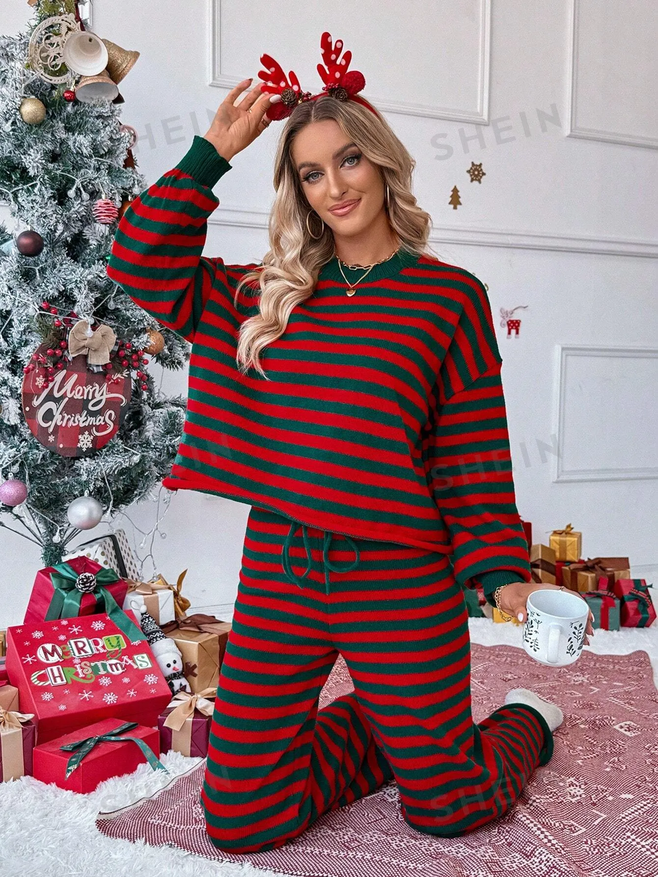 knit sweater set|Striped Simple Casual Relaxed Christmas Vibe Knit Set