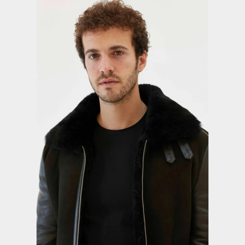 Men Aviator Black Shearling Jacket