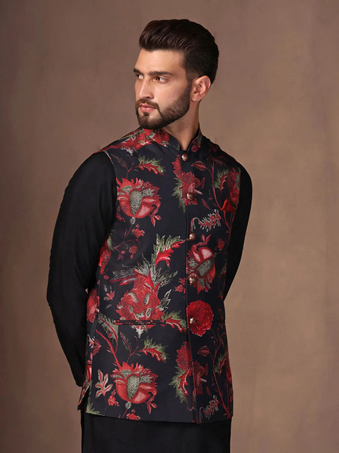 Men Black Printed Nehru Jacket