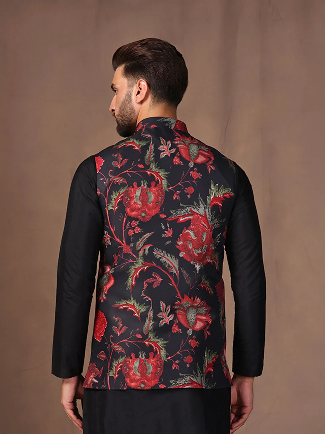 Men Black Printed Nehru Jacket