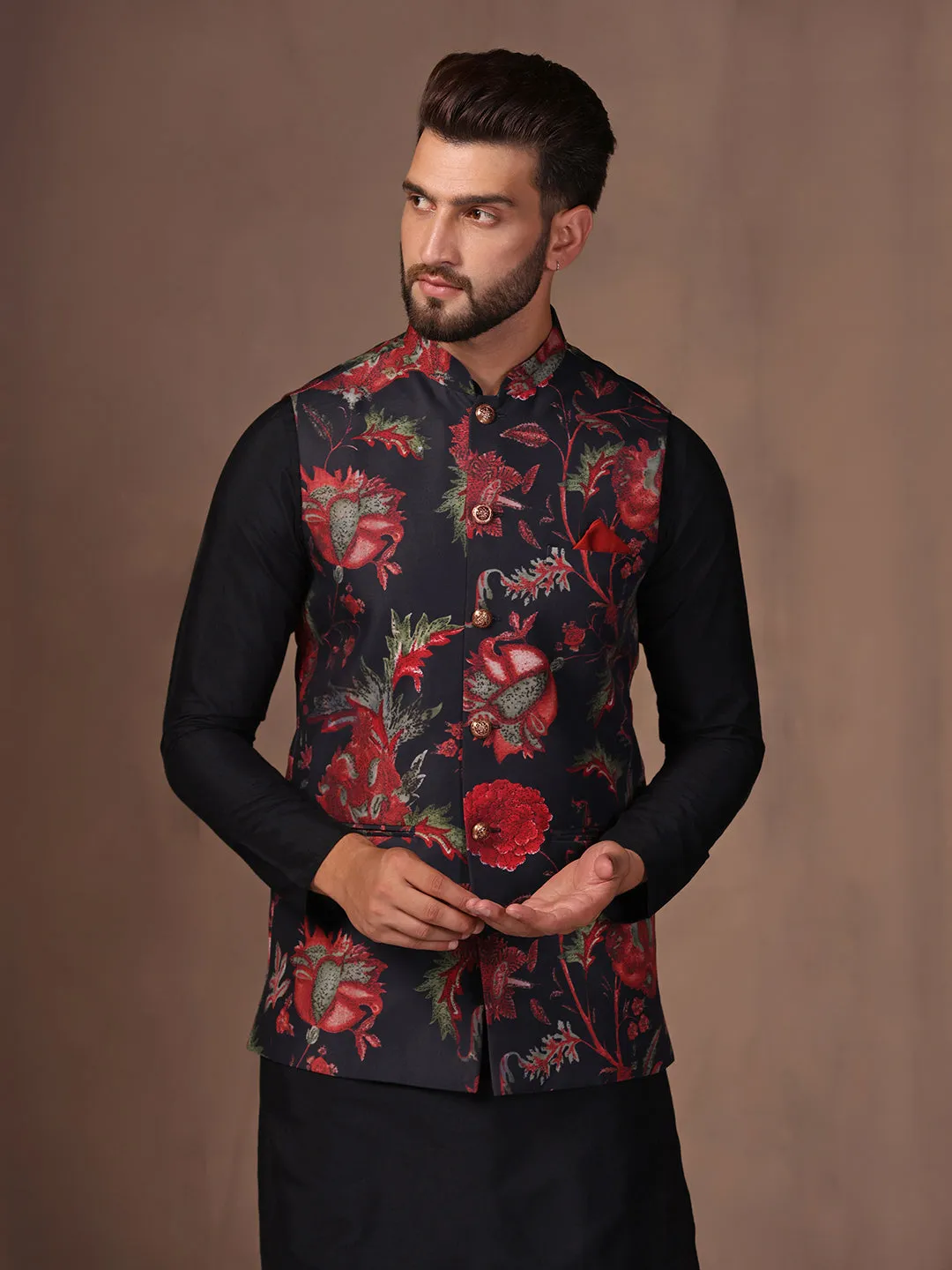 Men Black Printed Nehru Jacket