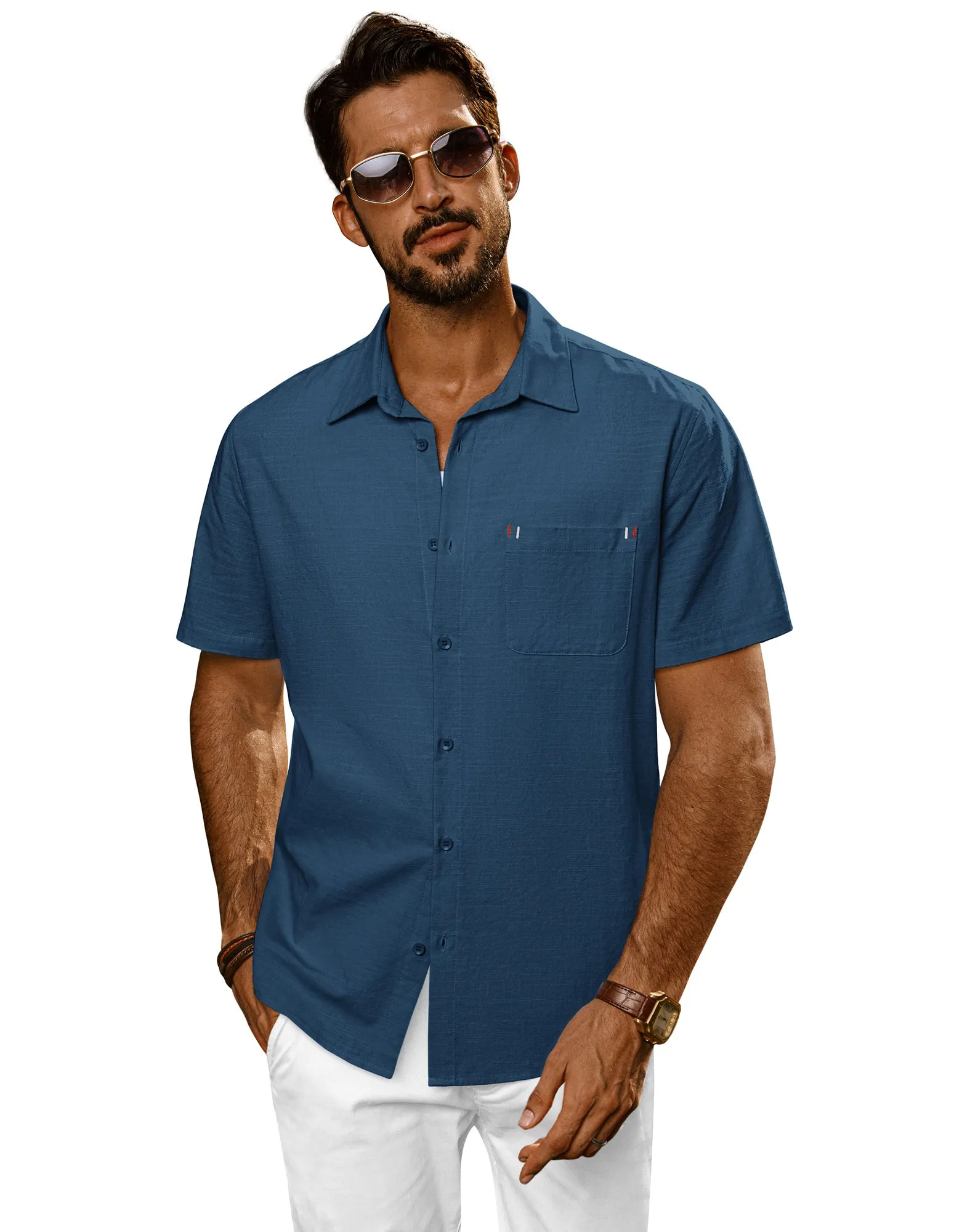 Men Straight Shirt Casual Short Sleeve Lapel Collar Button-up Tops