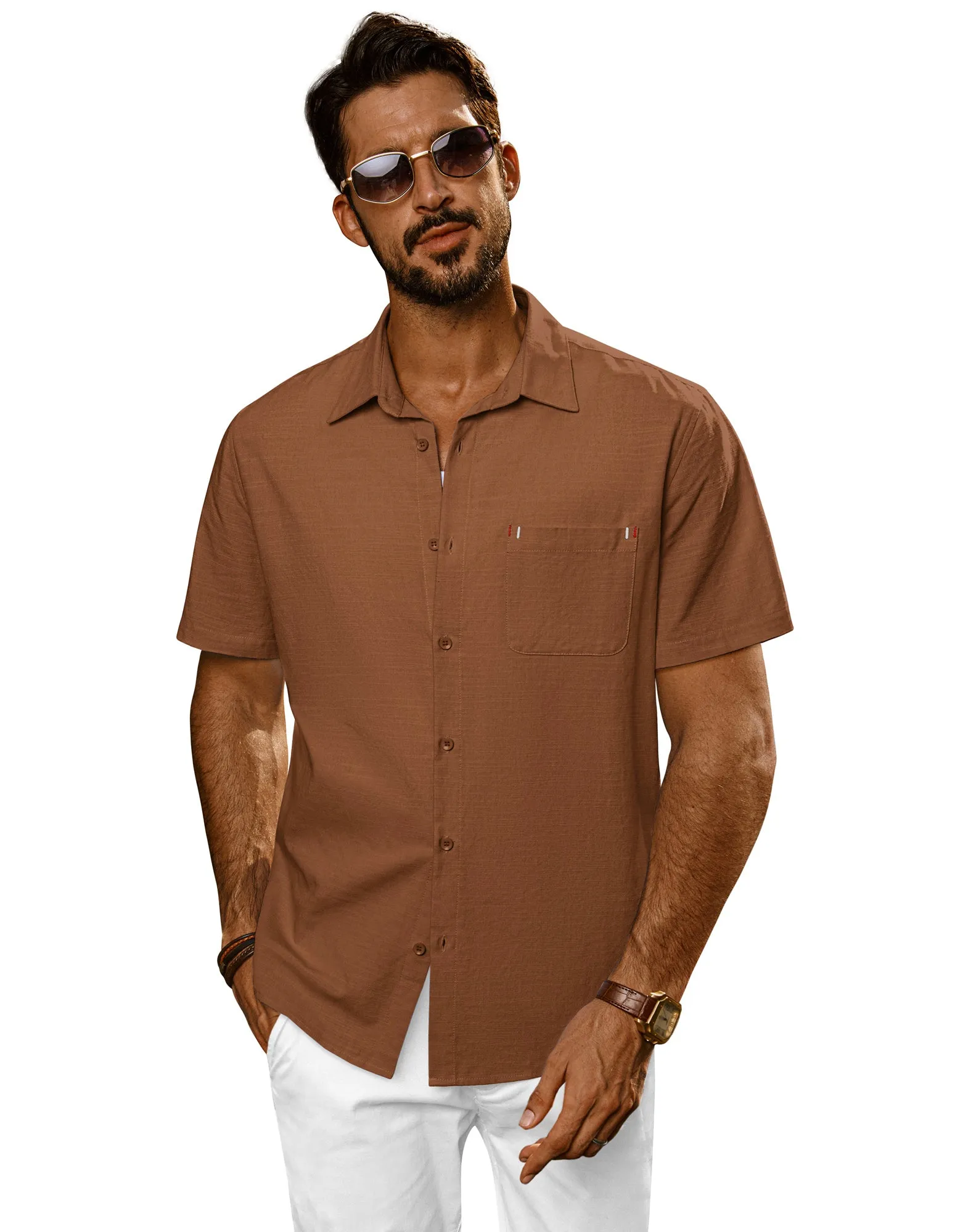 Men Straight Shirt Casual Short Sleeve Lapel Collar Button-up Tops