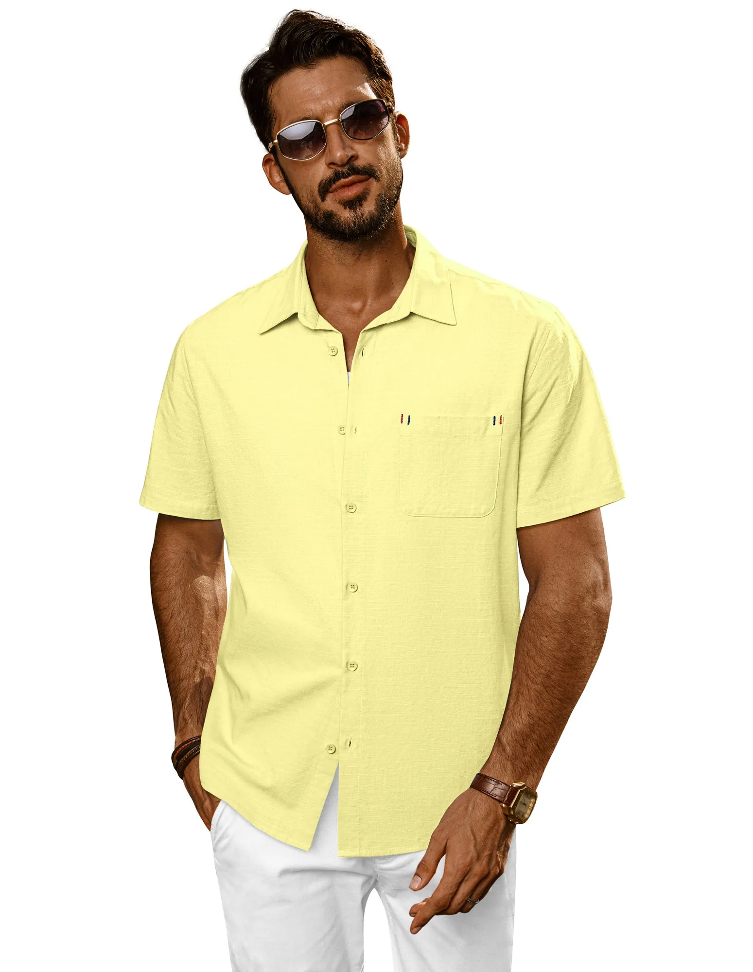 Men Straight Shirt Casual Short Sleeve Lapel Collar Button-up Tops