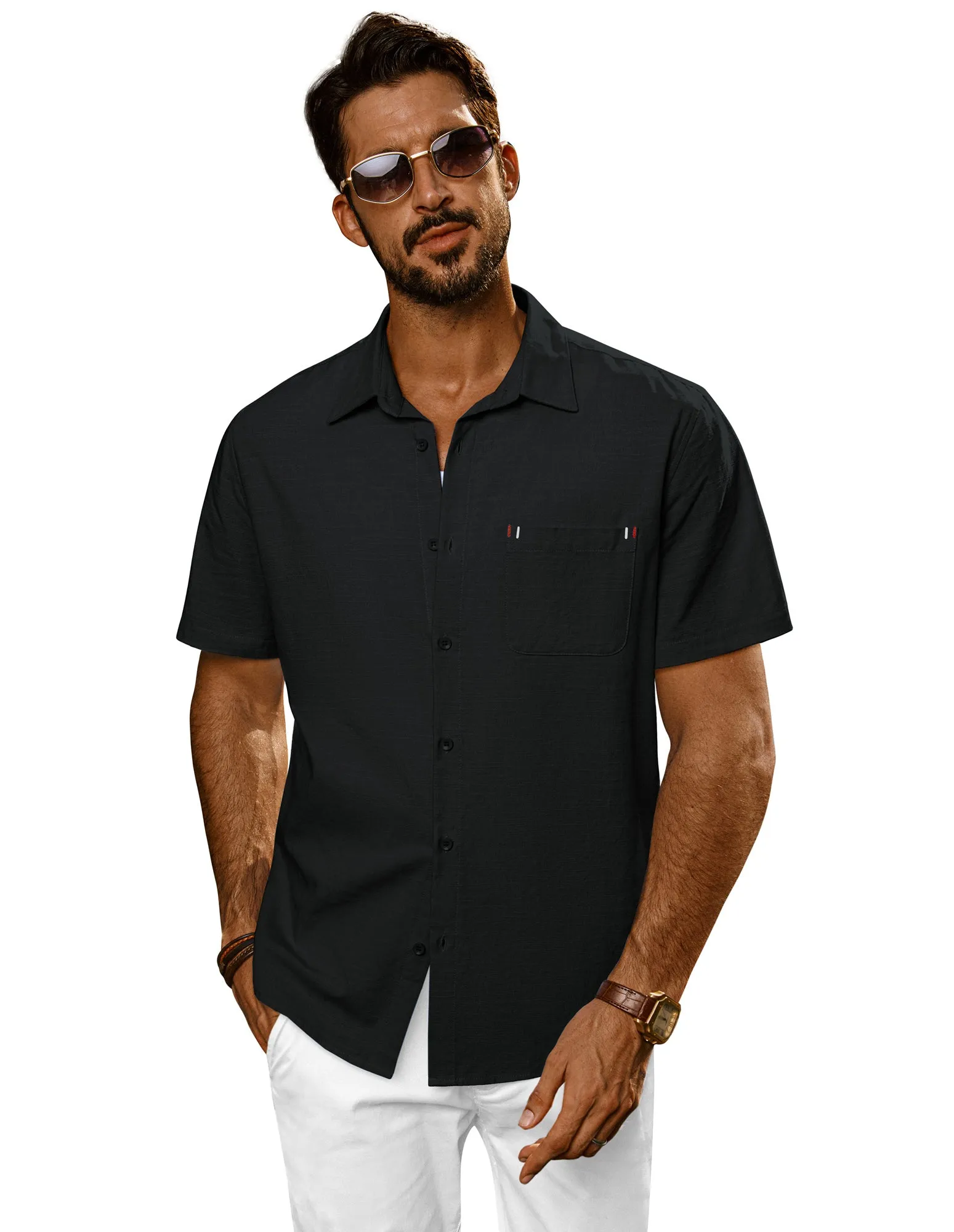 Men Straight Shirt Casual Short Sleeve Lapel Collar Button-up Tops