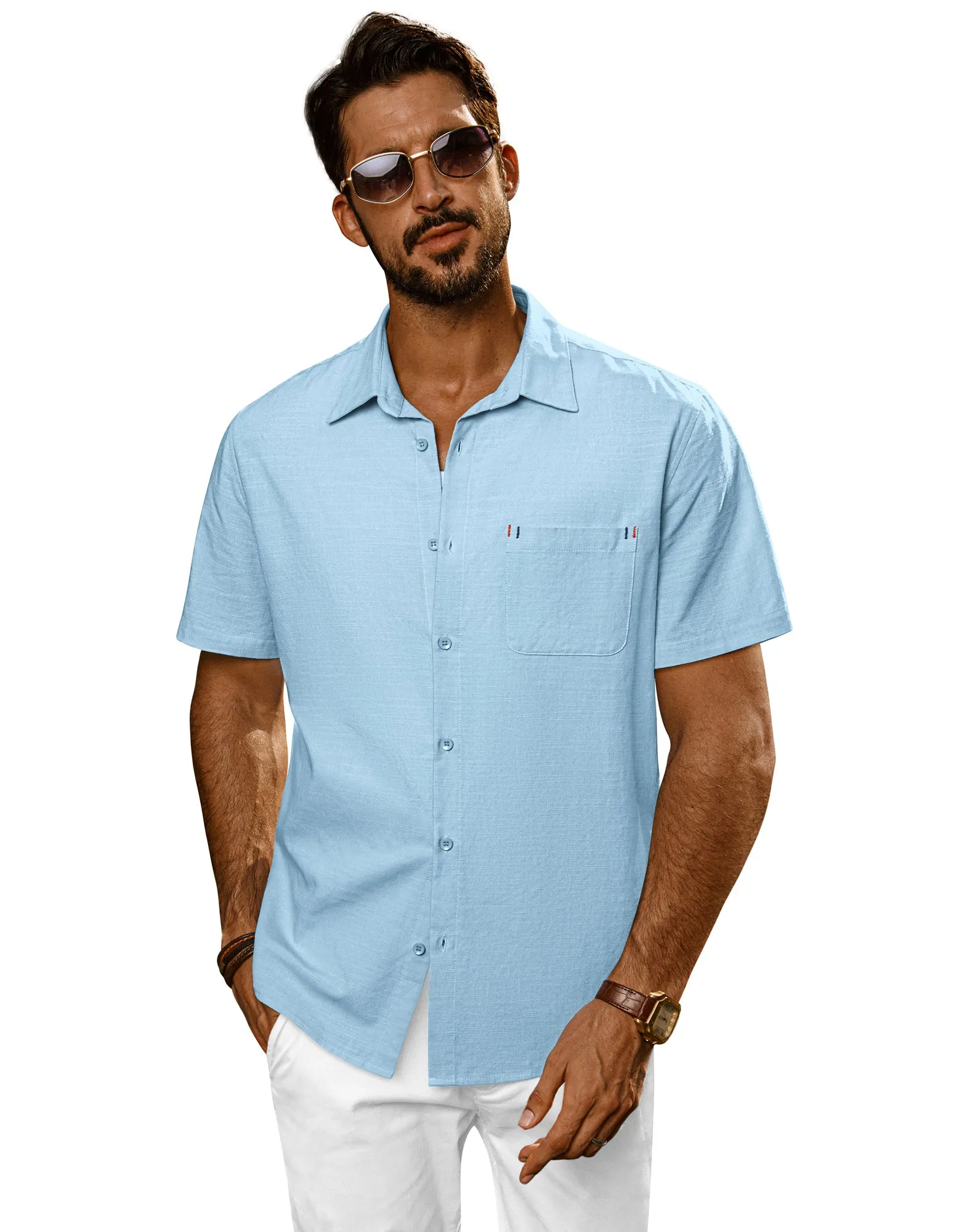 Men Straight Shirt Casual Short Sleeve Lapel Collar Button-up Tops