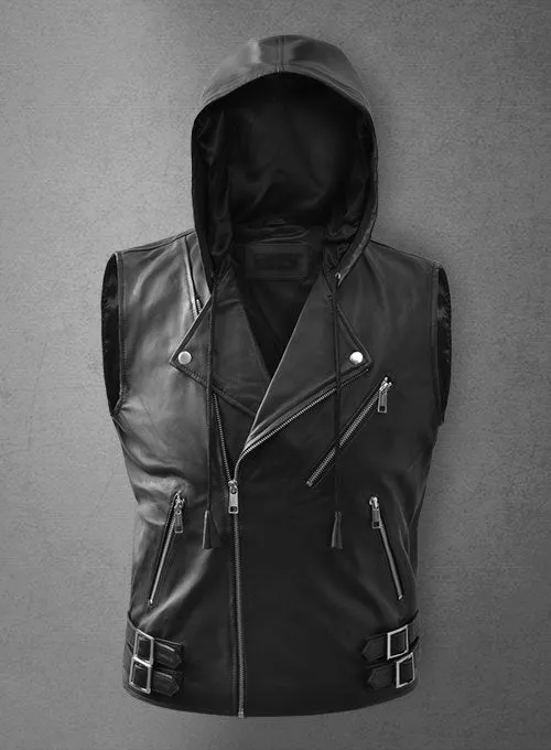 Men’s Black Leather Biker Hooded Vest