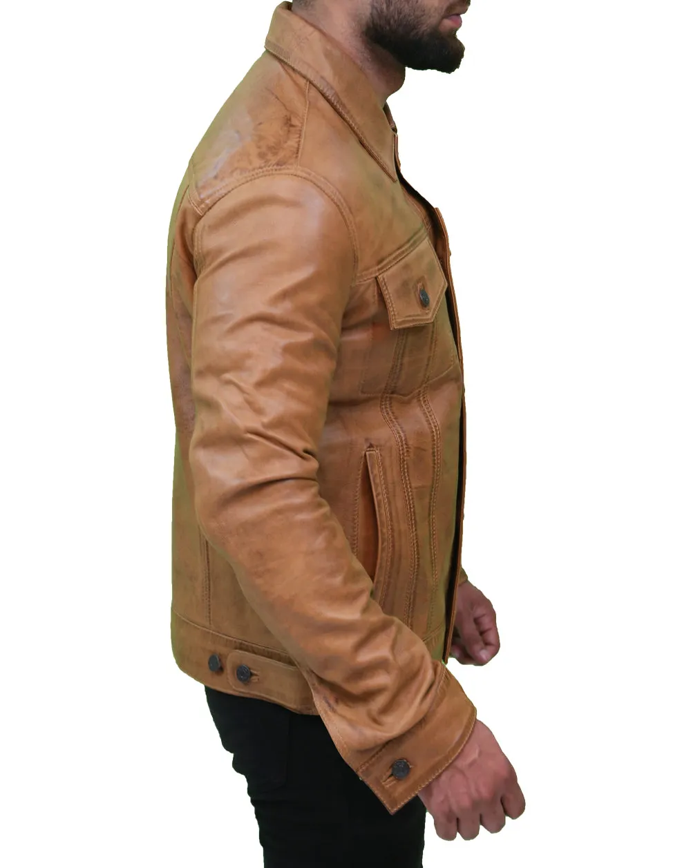 Mens Camel Brown Trucker Leather Jacket