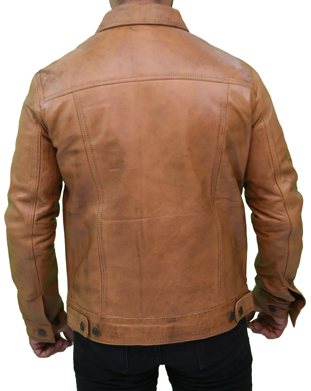 Mens Camel Brown Trucker Leather Jacket