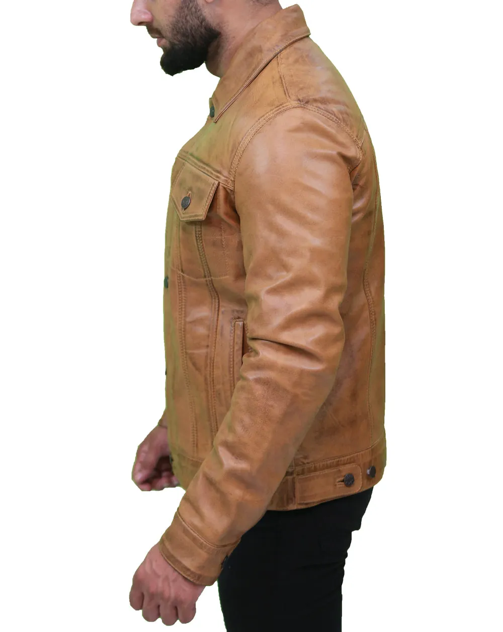 Mens Camel Brown Trucker Leather Jacket