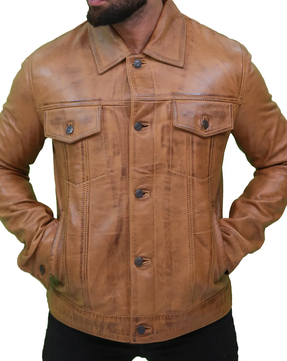 Mens Camel Brown Trucker Leather Jacket