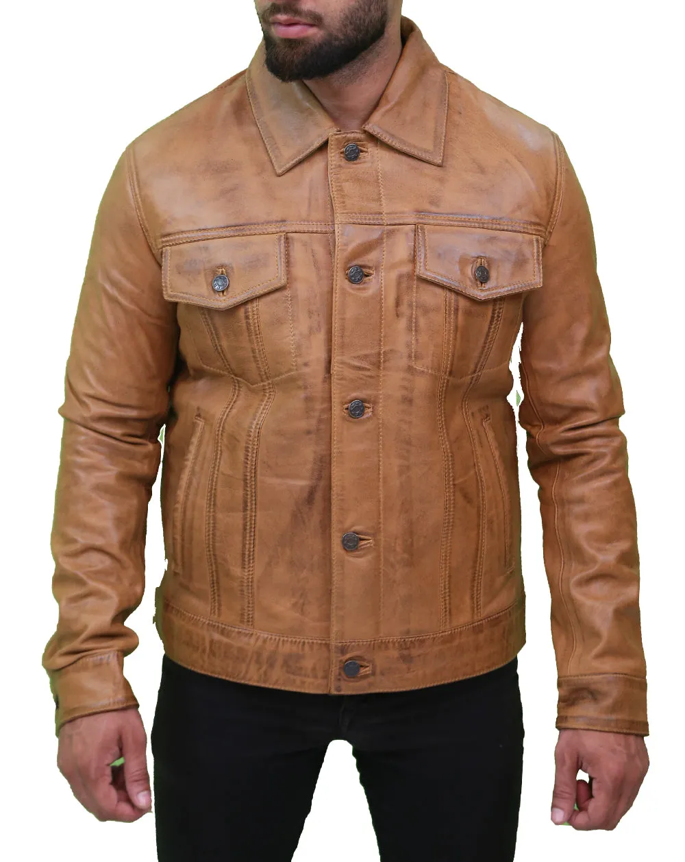 Mens Camel Brown Trucker Leather Jacket