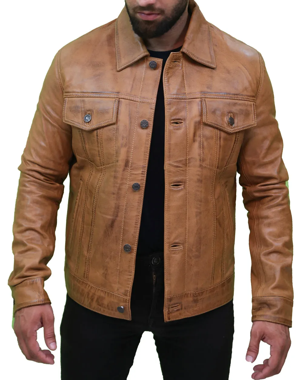 Mens Camel Brown Trucker Leather Jacket