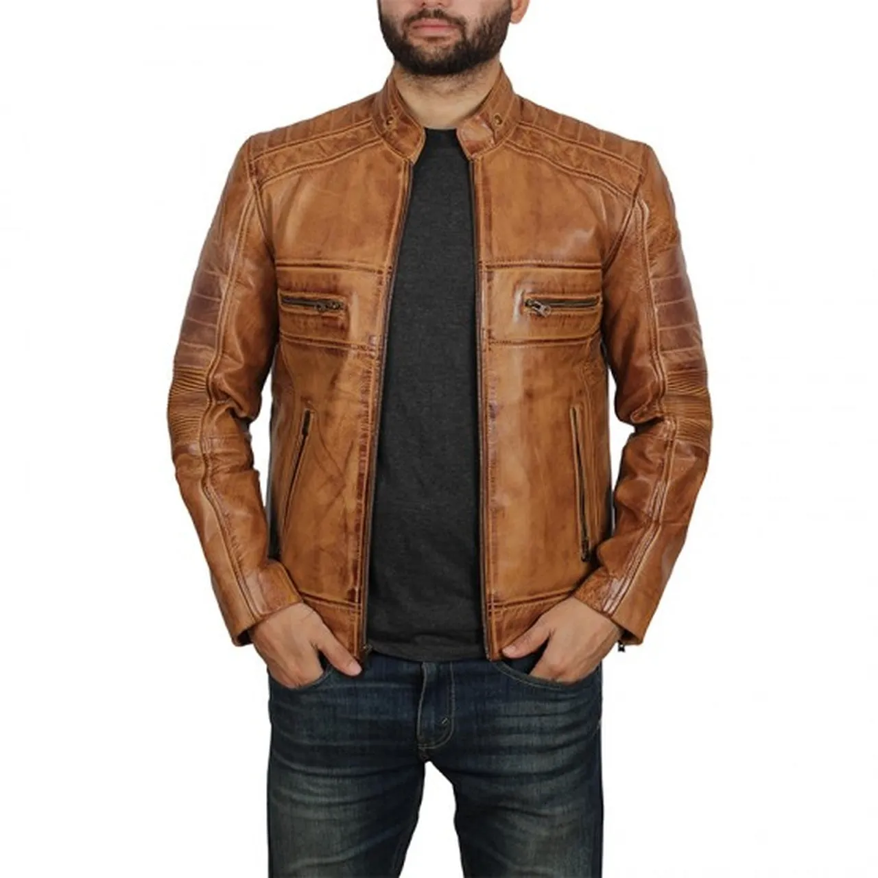 Men's Distressed Cafe Racer Brown Leather Jacket