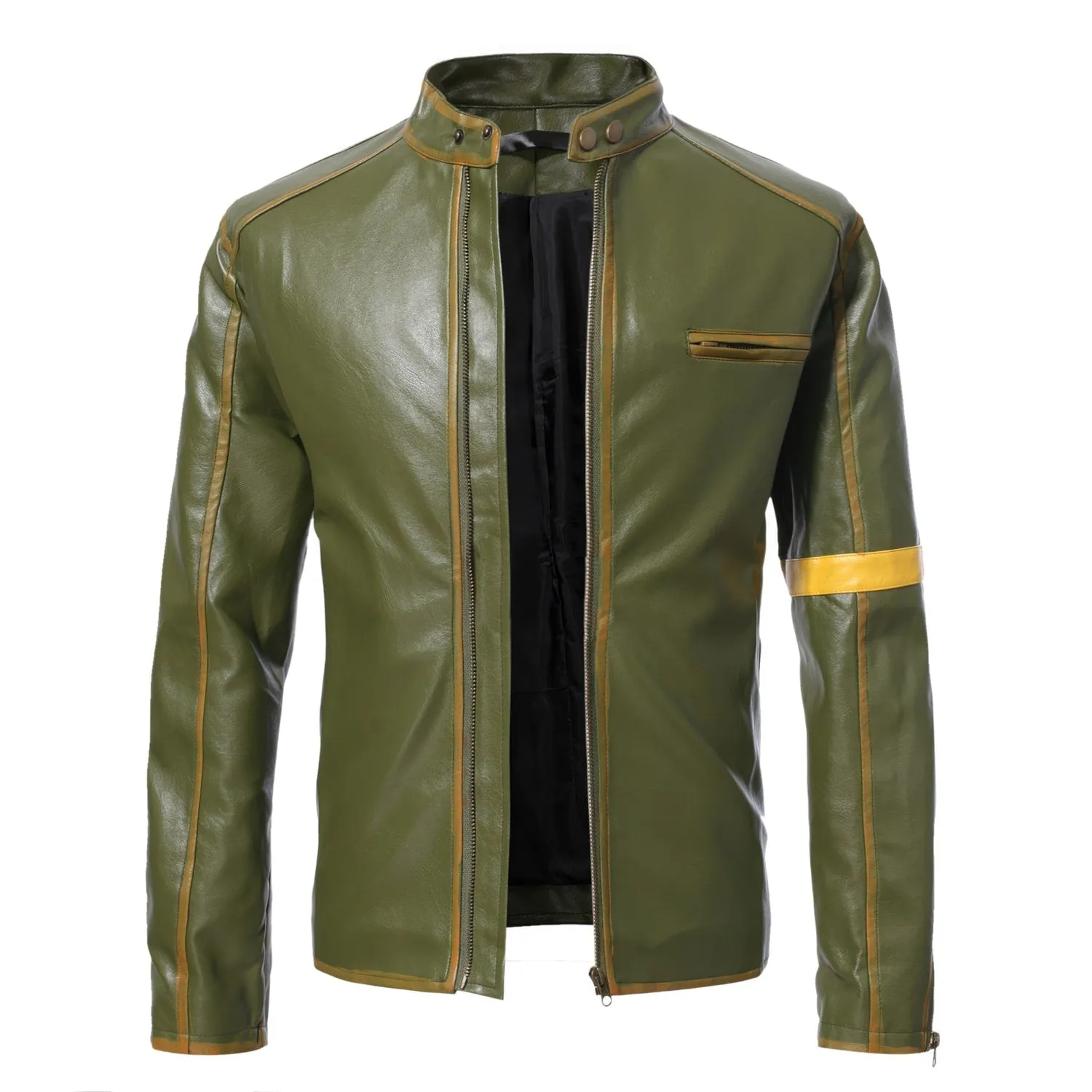 Men’s Green Biker Genuine Sheepskin Stand Collar Casual Crossover Motorcycle Café Racer Vintage Retro Leather Jacket