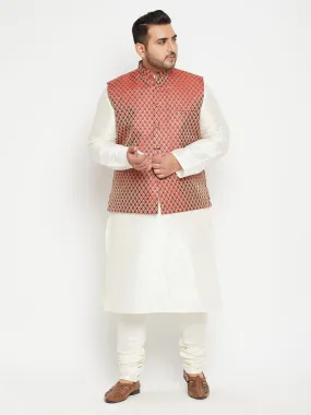 Men's Plus Cream, Maroon And White Silk Blend Jacket Kurta Pyjama Set - Vastramay