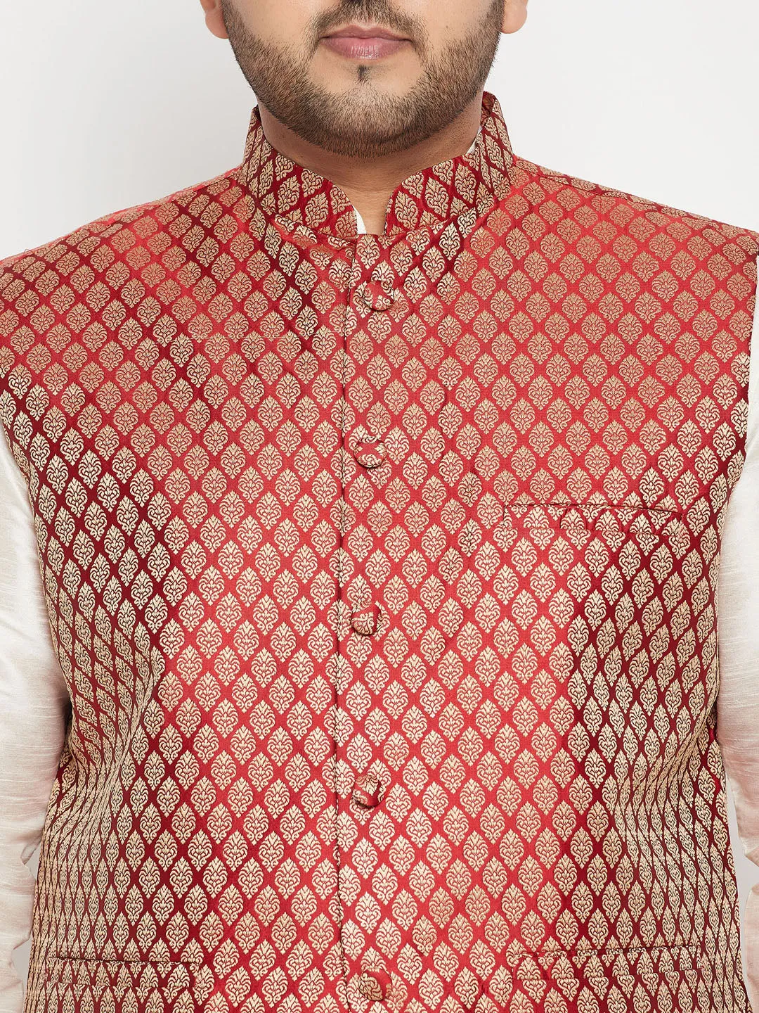 Men's Plus Cream, Maroon And White Silk Blend Jacket Kurta Pyjama Set - Vastramay