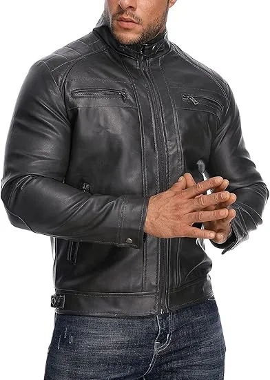 Men's Stand Collar Casual Leather Motorcycle Jacket