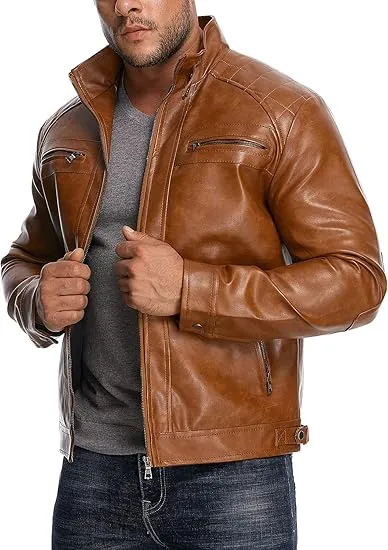 Men's Stand Collar Casual Leather Motorcycle Jacket