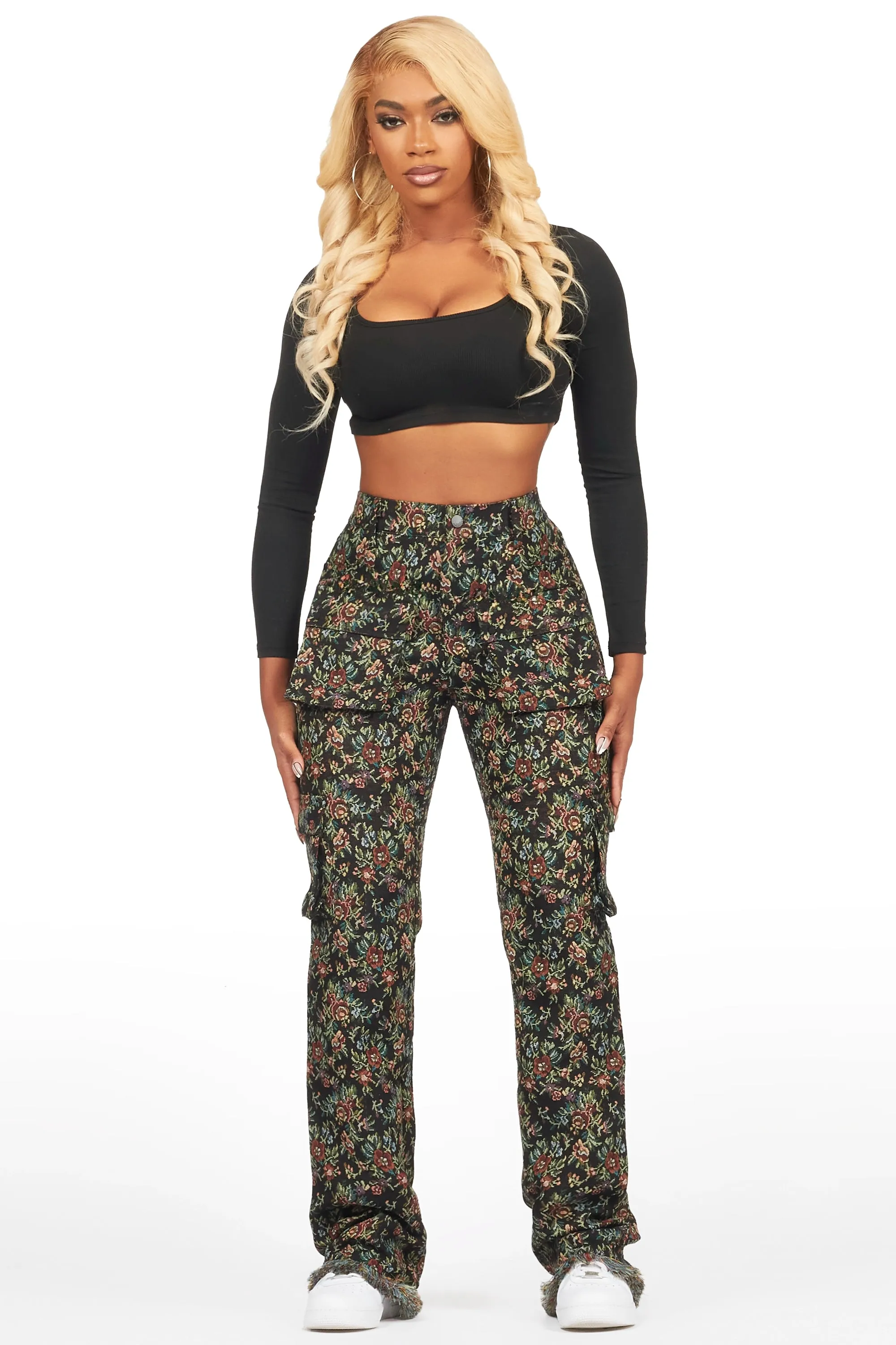 Niyah Black Floral Tapestry Stacked Pant